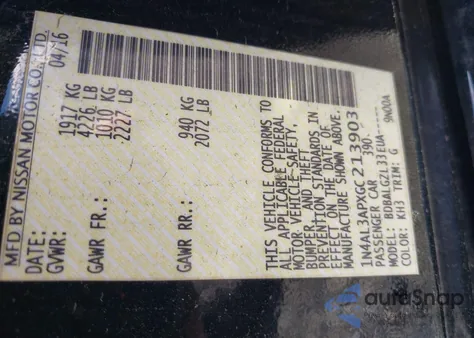 2016 Nissan Altima 2.5/2.5 S/2.5 Sl/2.5 Sr/2.5 Sv из США, поврежденный, VIN 1N4AL3APXGC213903